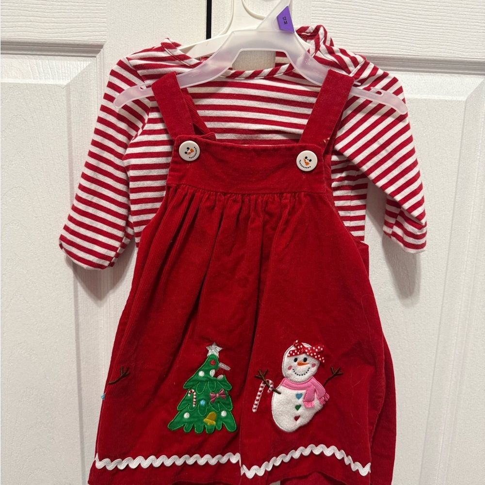 Red Striped Dress with Snowman and Tree